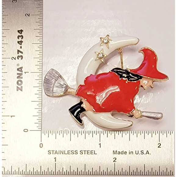 Halloween Witch Brooch Riding Broom Moon Enameled Rhinestone Pin Costume Gift - Picture 2 of 2